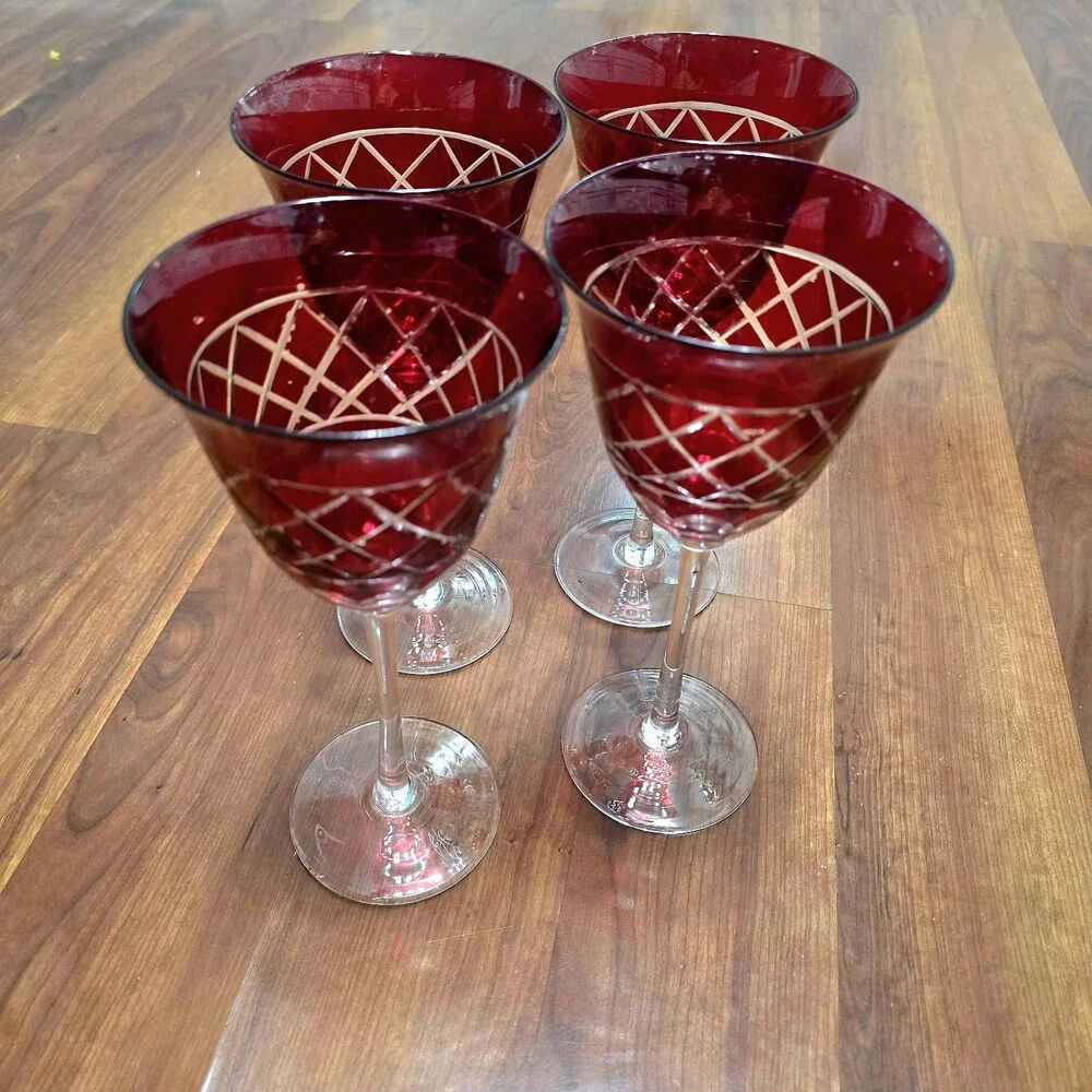 Vintage Ruby Cranberry Red Cut Glass Wine Goblets Set of 4 Clear Long Stem